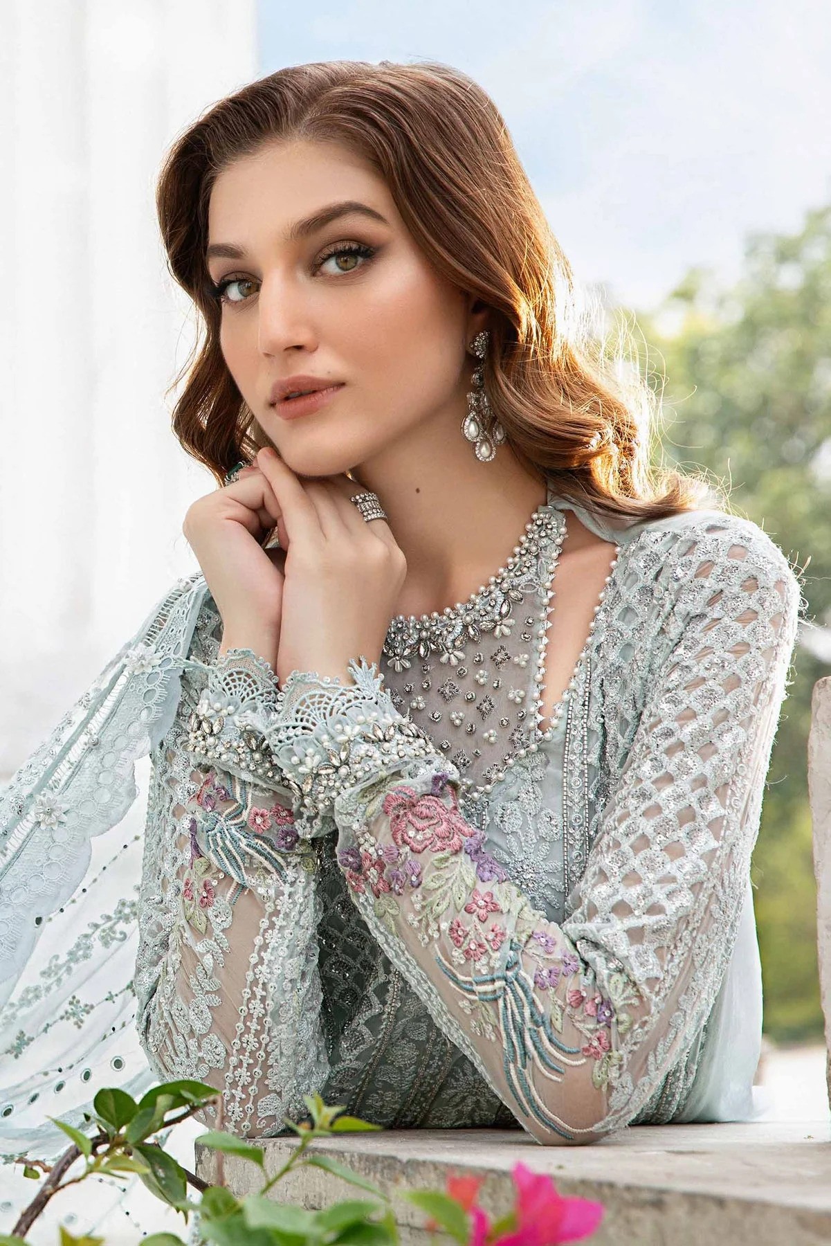 MARIA.B Embroidered Chiffon Net Party Wear - Pakistani Party Wear Three Piece